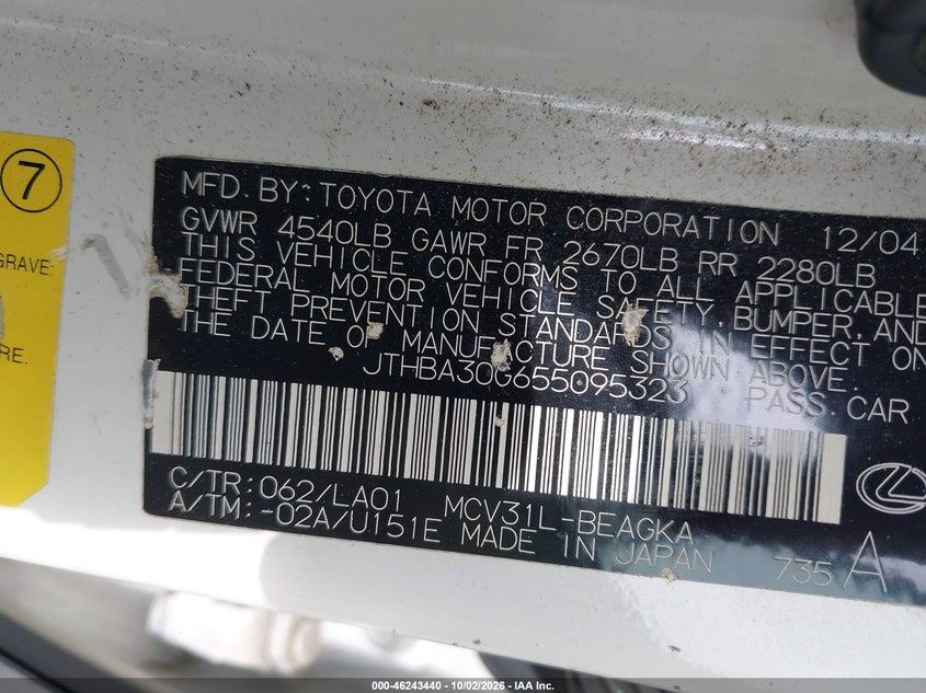 LEXUS ES 330 2005 VIN JTHBA30G655095323