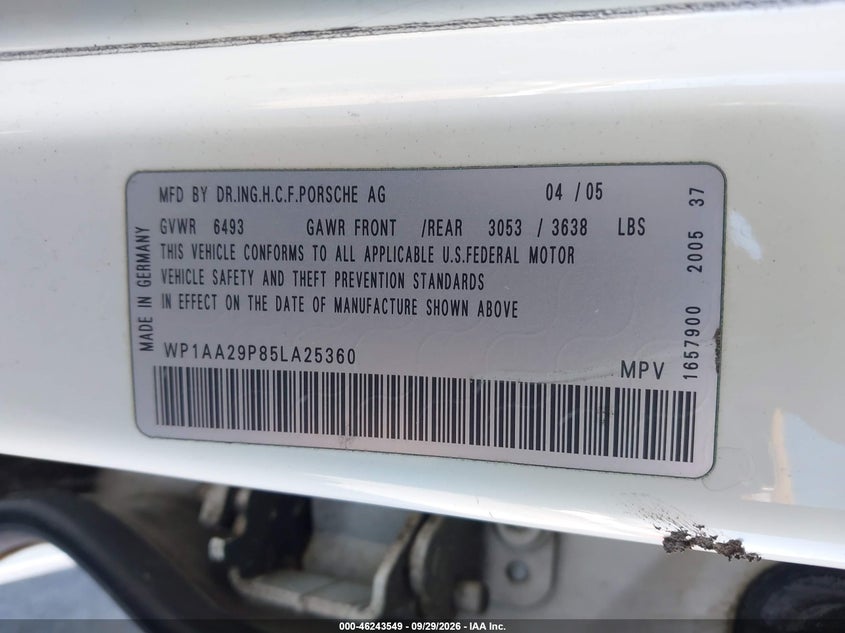 PORSCHE CAYENNE 2005 VIN WP1AA29P85LA25360