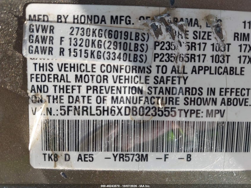 HONDA ODYSSEY 2013 VIN 5FNRL5H6XDB023555