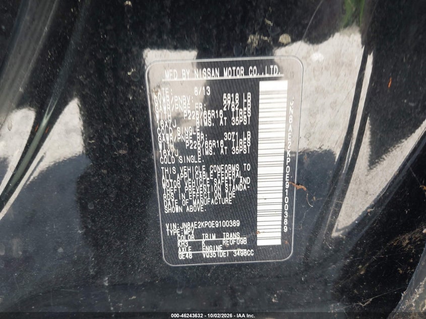 NISSAN QUEST 2014 VIN JN8AE2KP0E9100389