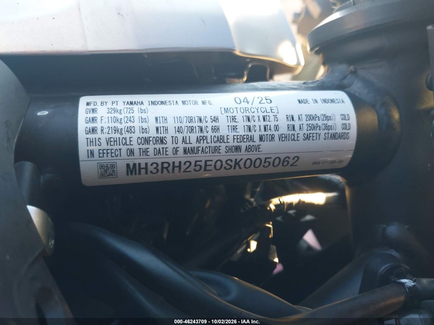 2025 Yamaha Yfz320 A VIN: MH3RH25E0SK005062 Lot: 46243709