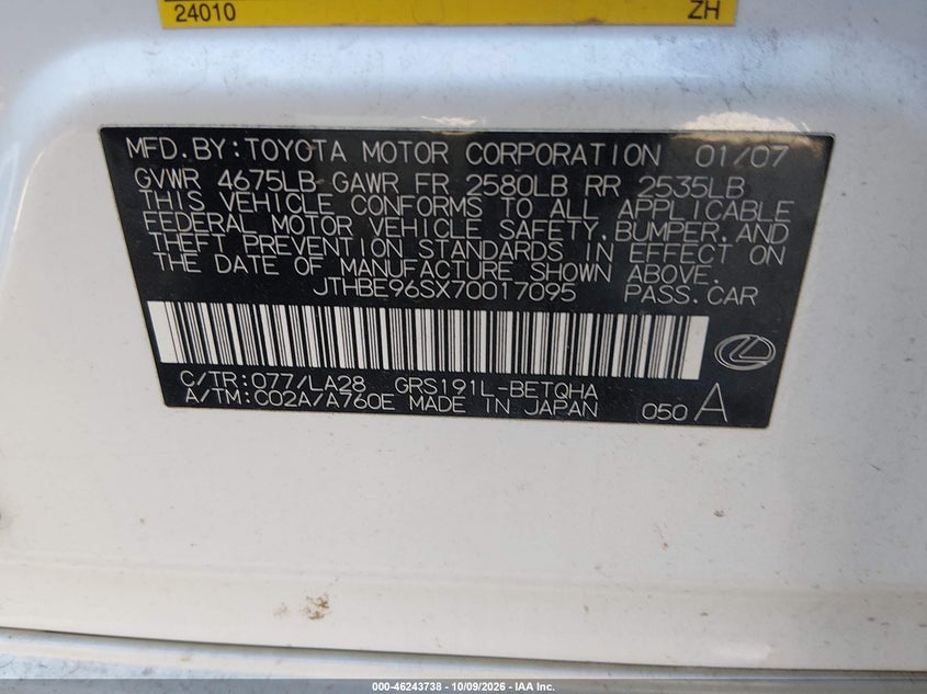 LEXUS GS 350 2007 VIN JTHBE96SX70017095
