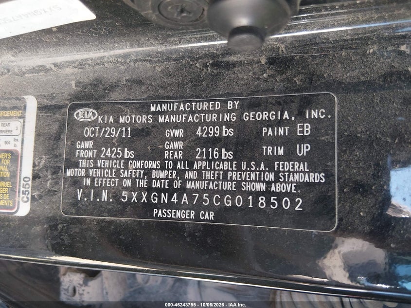 KIA OPTIMA 2012 VIN 5XXGN4A75CG018502