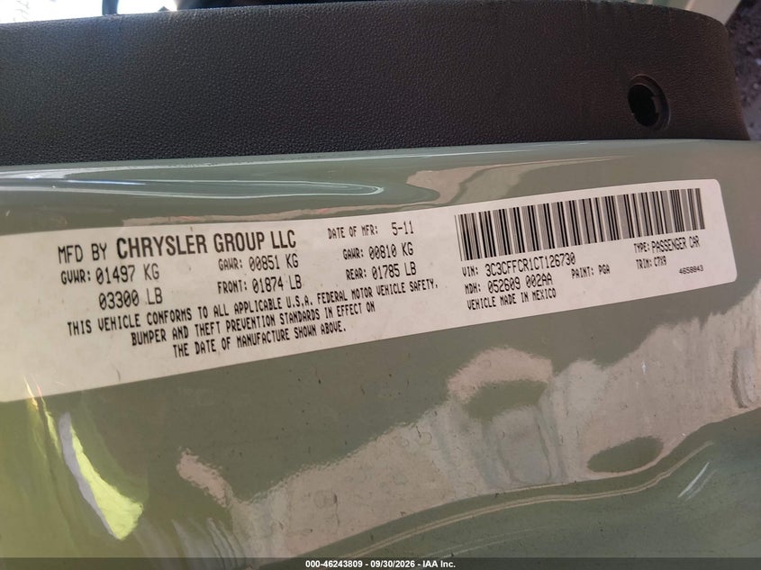 FIAT 500 2012 VIN 3C3CFFCR1CT126730