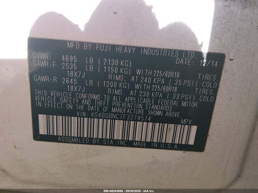 SUBARU OUTBACK 2015 VIN 4S4BSBNC7F3274574