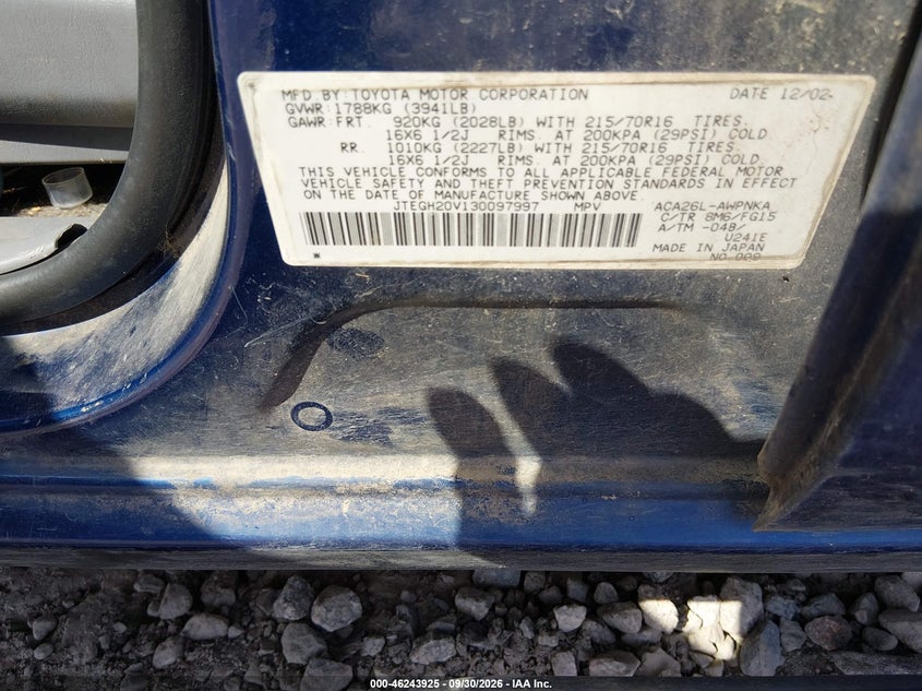 TOYOTA RAV4 2003 VIN JTEGH20V130097997