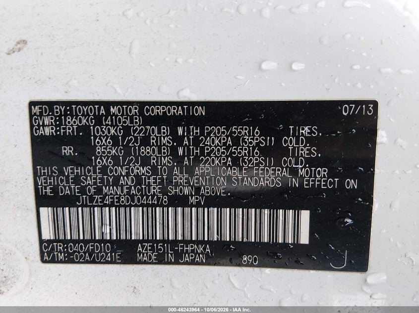 SCION XB 2013 VIN JTLZE4FE8DJ044478