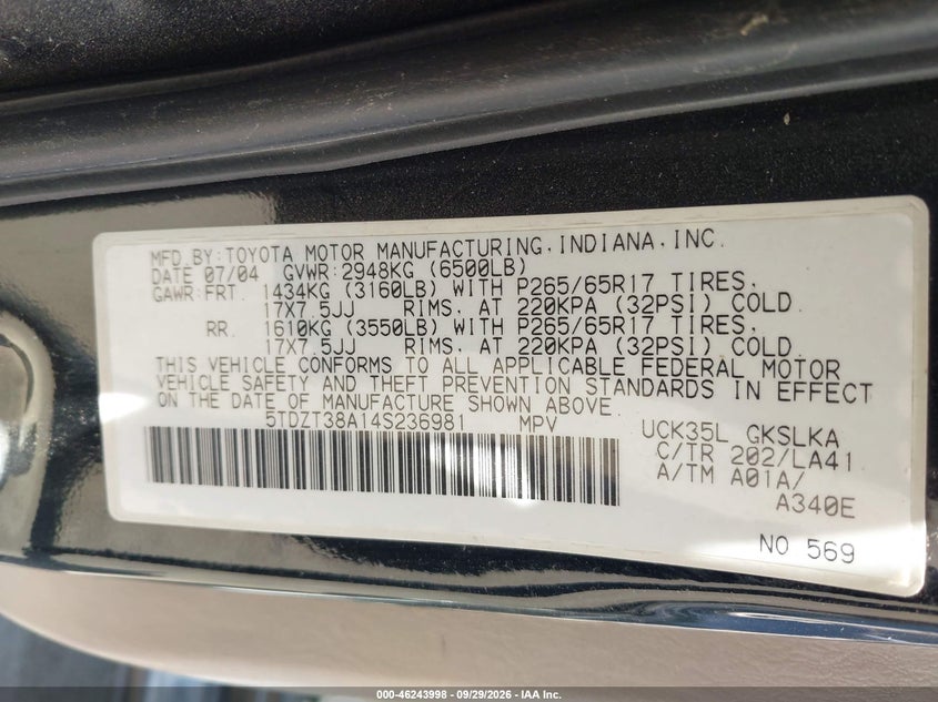 TOYOTA SEQUOIA 2004 VIN 5TDZT38A14S236981
