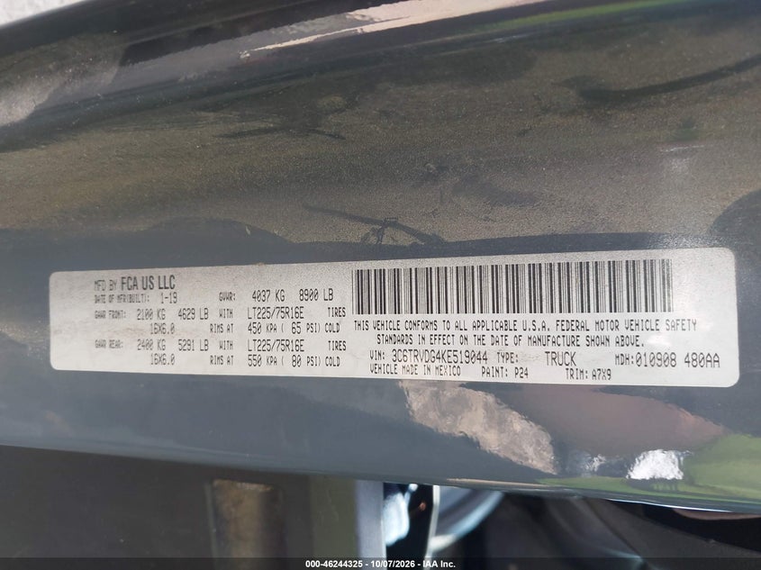 RAM PROMASTER 2500 2019 VIN 3C6TRVDG4KE519044
