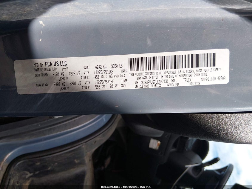 RAM PROMASTER 3500 2020 VIN 3C6URVJG7LE107131