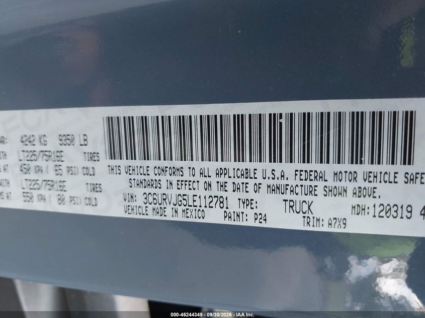 RAM PROMASTER 3500 2020 VIN 3C6URVJG5LE112781
