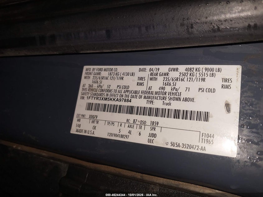 FORD TRANSIT-250 2019 VIN 1FTYR3XM5KKA97884