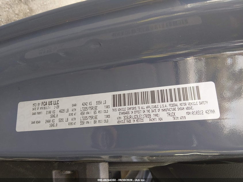 RAM PROMASTER 3500 2020 VIN 3C6URVJG3LE117039