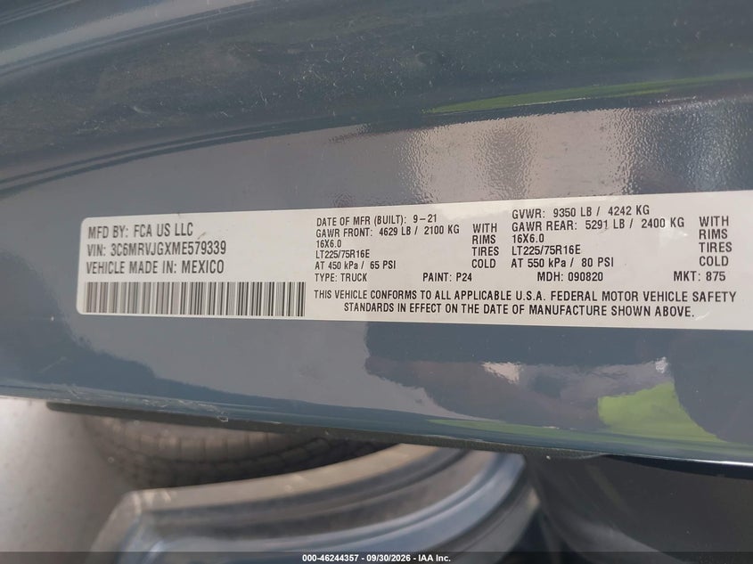 RAM PROMASTER 3500 2021 VIN 3C6MRVJGXME579339