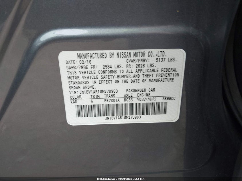 INFINITI Q70 2016 VIN JN1BY1AR1GM270963