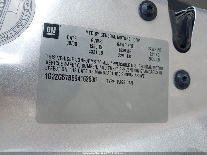 PONTIAC G6 2009 VIN 1G2ZG57B694162636