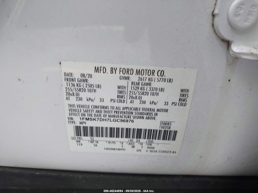FORD EXPLORER 2020 VIN 1FMSK7DH7LGC96976