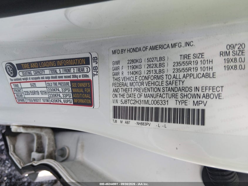 ACURA RDX 2021 VIN 5J8TC2H31ML006331