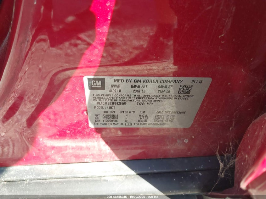 BUICK ENCORE 2015 VIN KL4CJFSB3FB129269