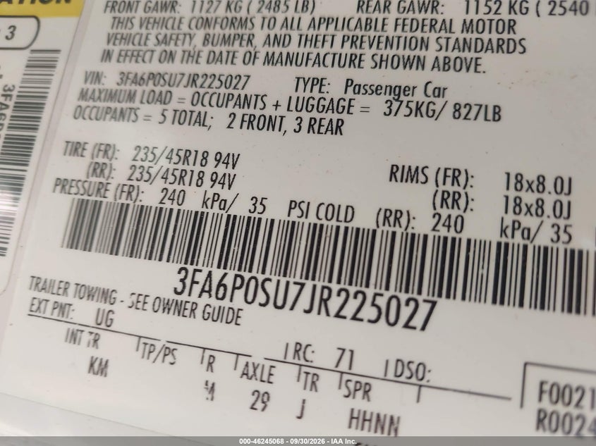 FORD FUSION ENERGI 2018 VIN 3FA6P0SU7JR225027