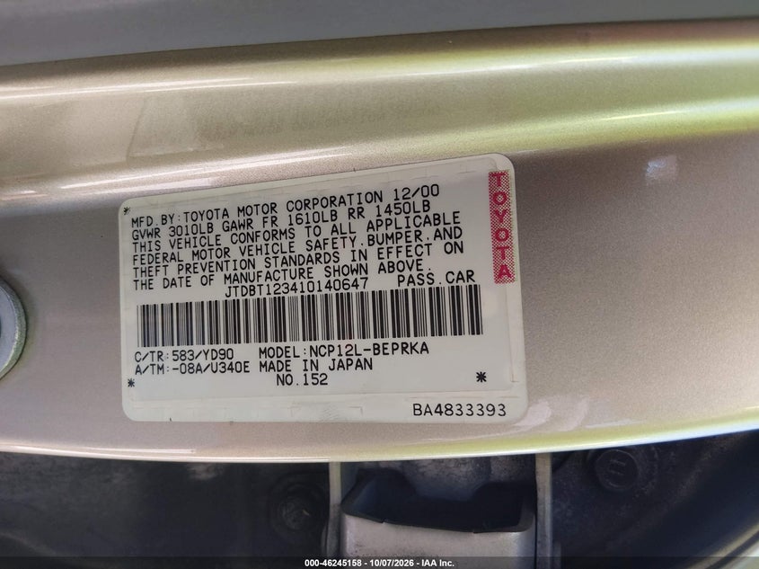 TOYOTA ECHO 2001 VIN JTDBT123410140647