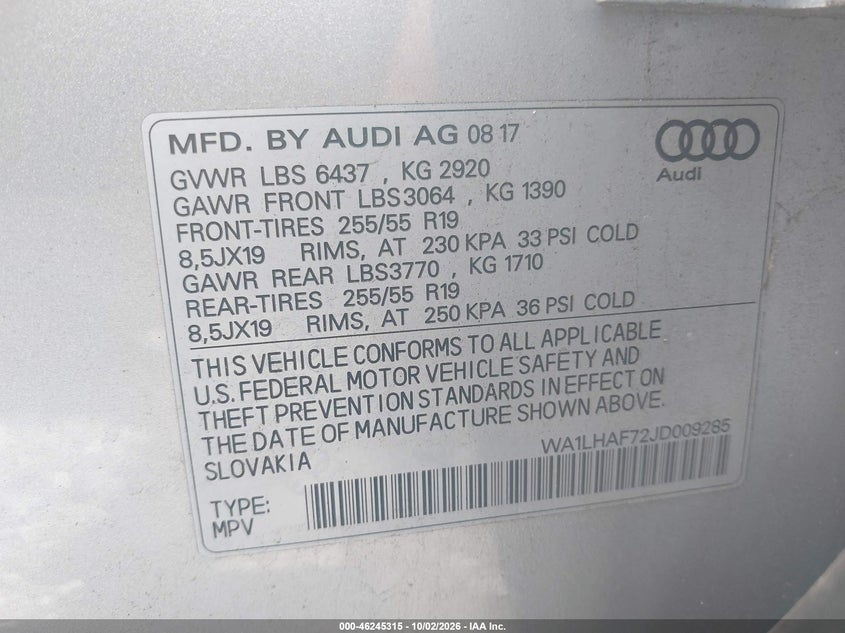 AUDI Q7 2018 VIN WA1LHAF72JD009285