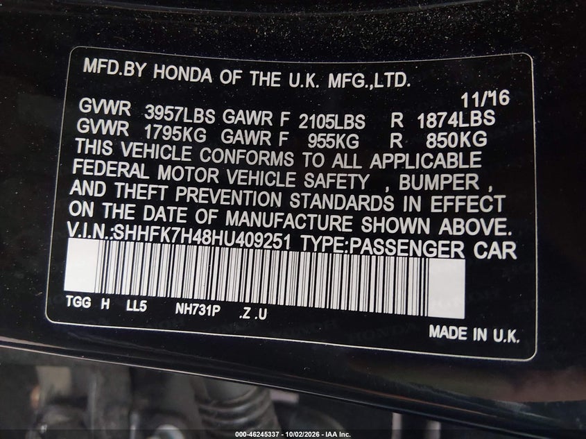HONDA CIVIC 2017 VIN SHHFK7H48HU409251