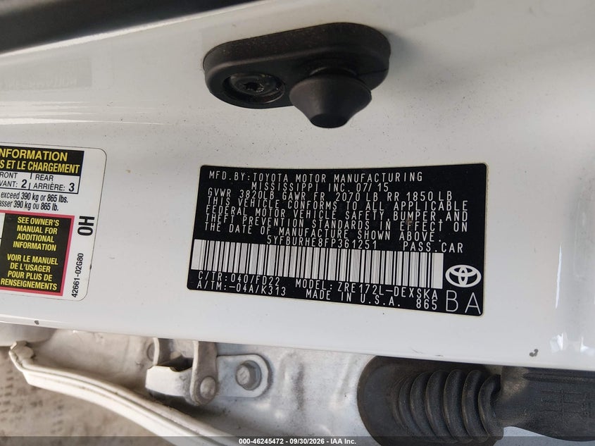 TOYOTA COROLLA 2015 VIN 5YFBURHE8FP361251