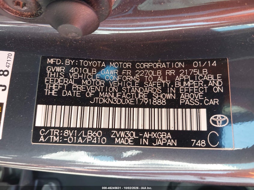 TOYOTA PRIUS 2014 VIN JTDKN3DUXE1791888