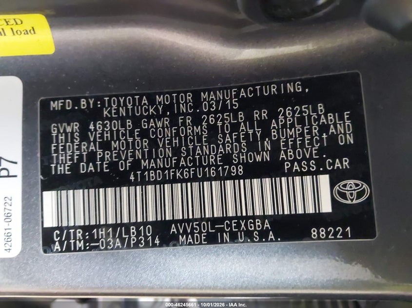 TOYOTA CAMRY HYBRID 2015 VIN 4T1BD1FK6FU161798