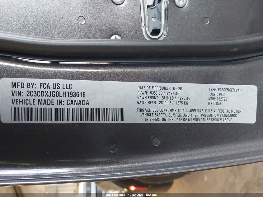 DODGE CHARGER 2020 VIN 2C3CDXJG0LH193616