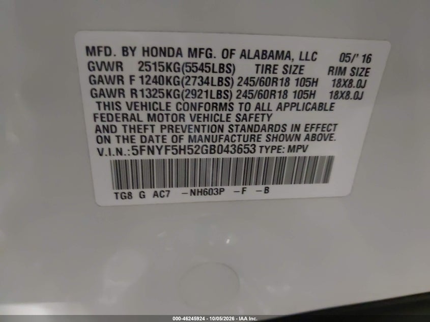 HONDA PILOT 2016 VIN 5FNYF5H52GB043653