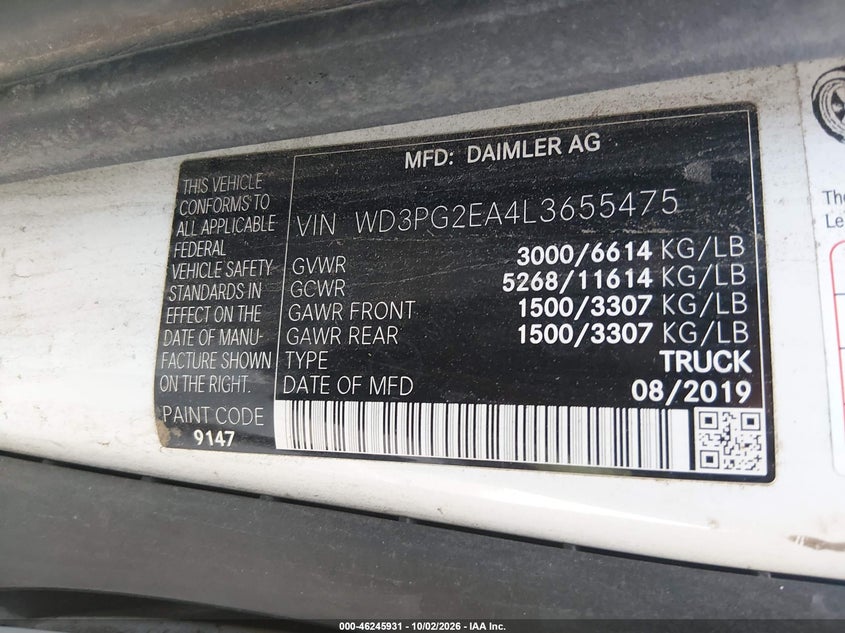 Vin: wd3pg2ea4l3655475, lot: 46745957, mercedes-benz metris 20204