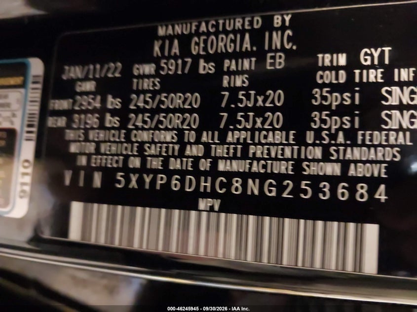 KIA TELLURIDE 2022 VIN 5XYP6DHC8NG253684