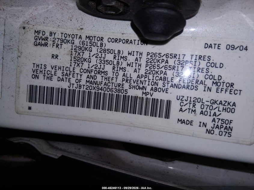 LEXUS GX 470 2004 VIN JTJBT20X940063805