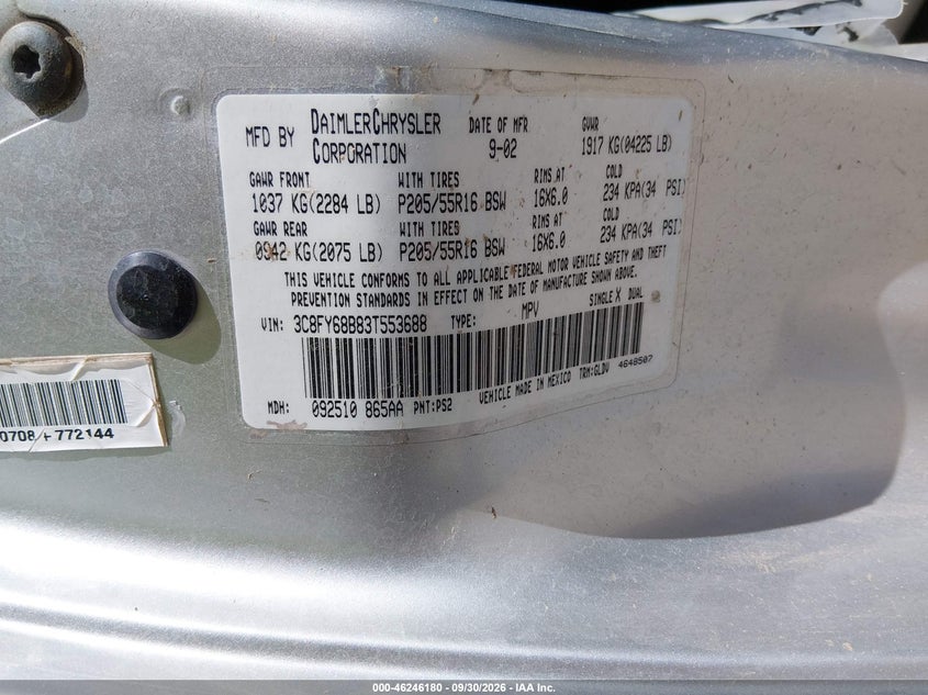 CHRYSLER PT CRUISER 2003 VIN 3C8FY68B83T553688