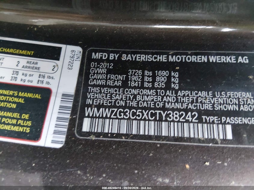 MINI COOPER S CLUBMAN 2012 VIN WMWZG3C5XCTY38242