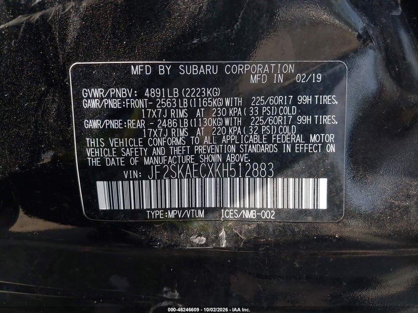 SUBARU FORESTER 2019 VIN JF2SKAECXKH512883
