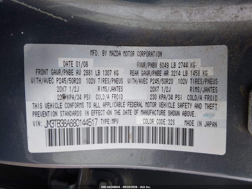 MAZDA CX-9 2008 VIN JM3TB38A880144517