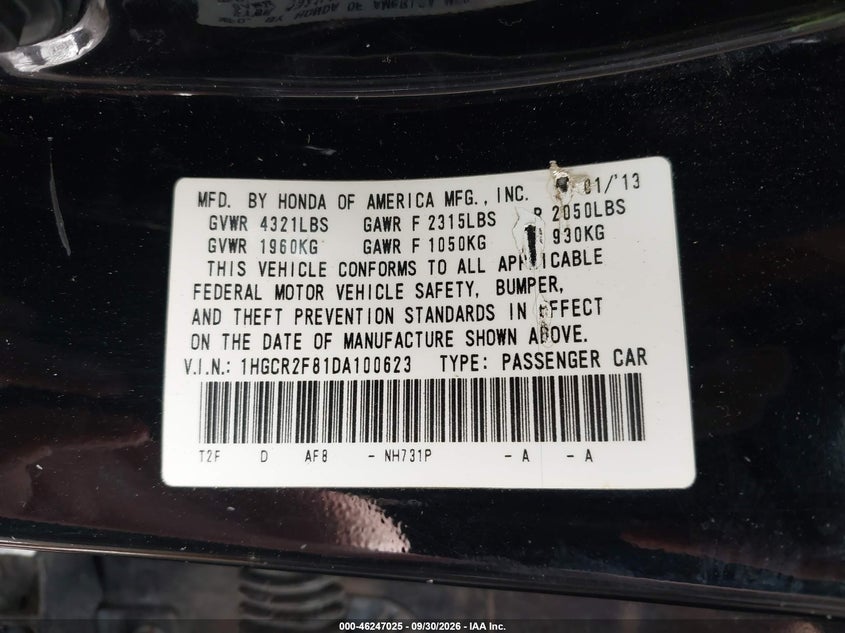 HONDA ACCORD SDN 2013 VIN 1HGCR2F81DA100623