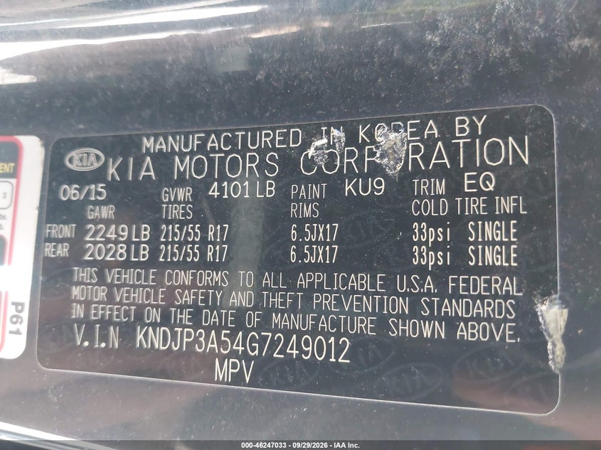 KIA SOUL 2016 VIN KNDJP3A54G7249012