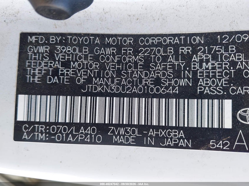 TOYOTA PRIUS 2010 VIN JTDKN3DU2A0100644