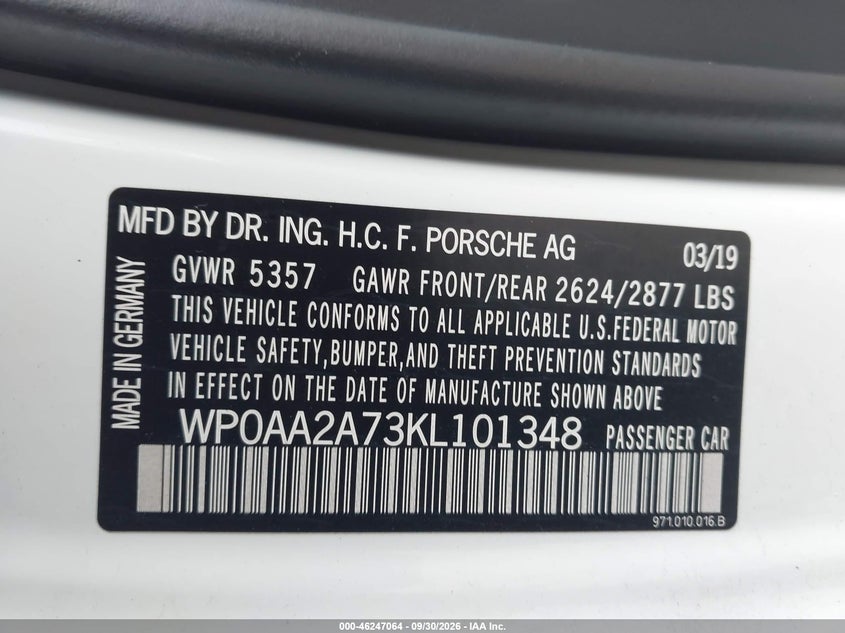 PORSCHE PANAMERA 2019 VIN WP0AA2A73KL101348