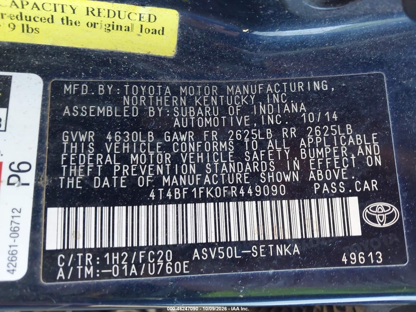 TOYOTA CAMRY 2015 VIN 4T4BF1FK0FR449090