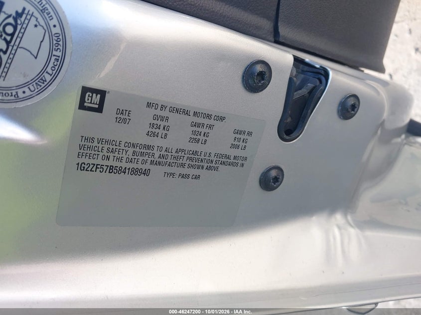 PONTIAC G6 2008 VIN 1G2ZF57B584188940