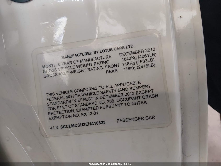 LOTUS EVORA 2014 VIN SCCLMDSU3EHA10623