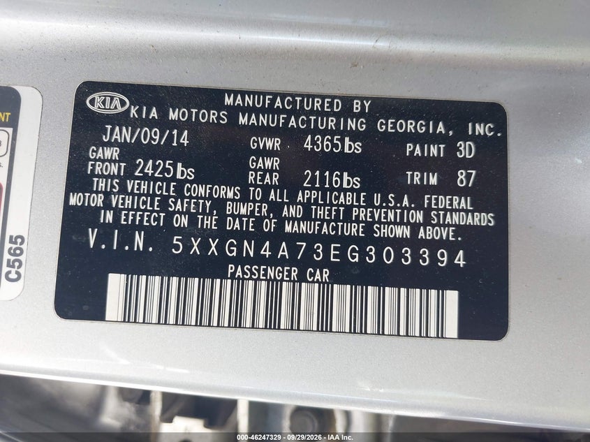 KIA OPTIMA 2014 VIN 5XXGN4A73EG303394