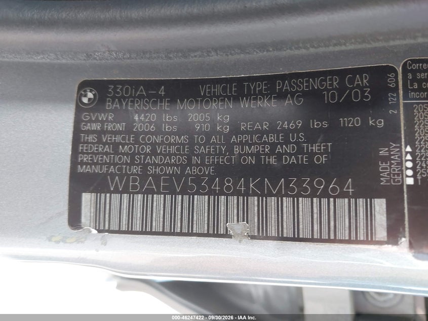 BMW 330I 2004 VIN WBAEV53484KM33964