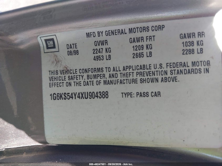 CADILLAC SEVILLE 1999 VIN 1G6KS54Y4XU904388