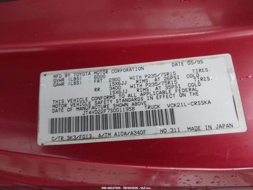 TOYOTA T100 1995 VIN JT4VD22F7S0011958